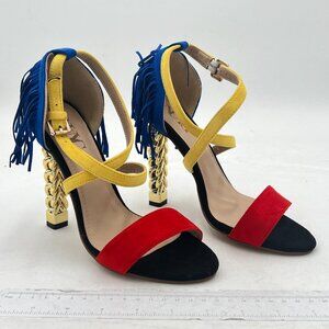 Yellow Cross Strap Tassels Open Toe Gold Metal Chain Chunky High Heels Sandals